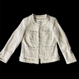 Nanette Lepore Ivory Tweed Gold Metallic Threaded Jacket. Size 8. 36” Bust 25” L